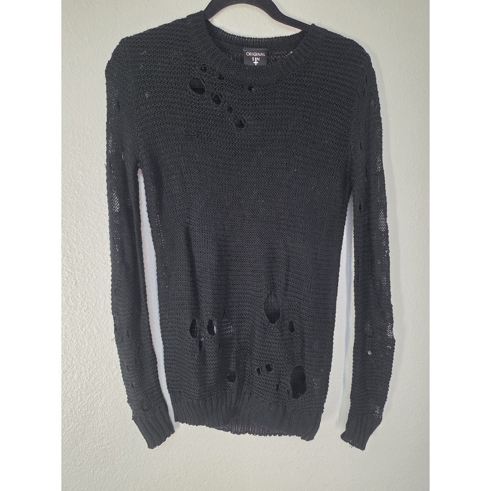 Original Sin Distressed Pullover Sweater S Black Crew Neck Long Sleeve Knit Top